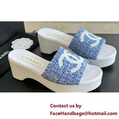 Chanel Tweed & Patent Calfskin Mules G45555 Blue 2024